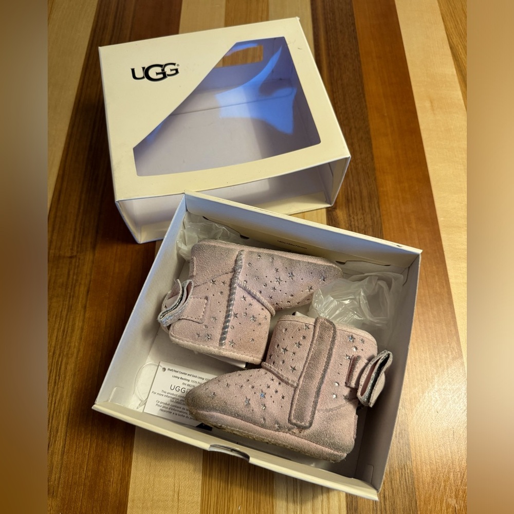 UGG Baby Girls Pink Suede Metallic Silver Stars Bow Boots